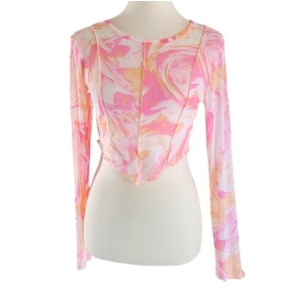 Altar’d State Sheer Pink Yellow Swirl Long Sleeve Top